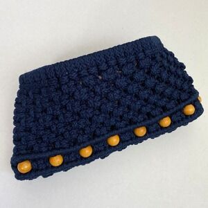 Vintage Woven Clutch Handbag Blue Rope Wooden Beads Lined